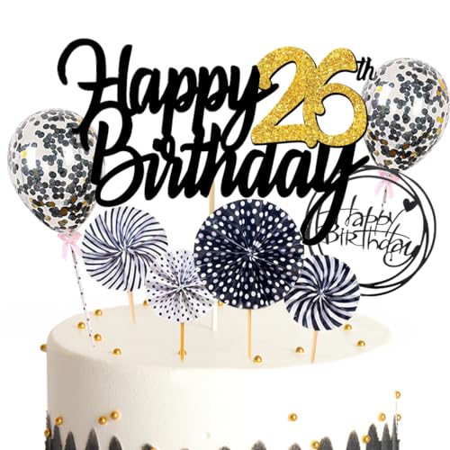 Ouceanwin Tortendeko 26. Geburtstag Frau Mann, Schwarz Kuchen Topper Happy 26th Birthday, Glitzer Kuchen Deko Geburtstag Junge 26 Jahre Cake Topper Geburtstag Deko 26 Jahre Frauen Männer von Ouceanwin