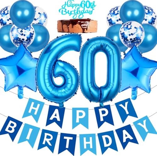 Ouceanwin lanse Luftballon 60. Geburtstag Deko Mann, Geburtstagsdeko 60 Jahre Männer, Blau Tortendeko Happy 60th Birthday Deko 60. Geburtstag Mann, Blau Ballons 60. Geburtstag Party Dekoration Set von Ouceanwin