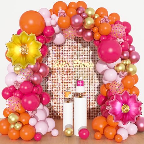 Ouddy Life Rosa und Orange Luftballons Bogen Kit Party Dekorationen, 183 Stück Hot Pink Orange Gold Metallic Konfetti Blume Folienballon für Herbst Tropische Sommer Geburtstag Babyparty Hochzeit Party von Ouddy Life