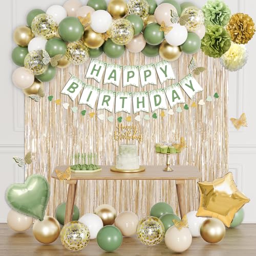 Ouddy Life Salbeigrün Geburtstagsdekorationen Grün Weiß Gold Konfetti Ballon Fransen Vorhang Happy Birthday Banner Kuchen Topper für Frauen Mädchen Jungen Neutral Geburtstag Boho Safari Wild Party von Ouddy Life