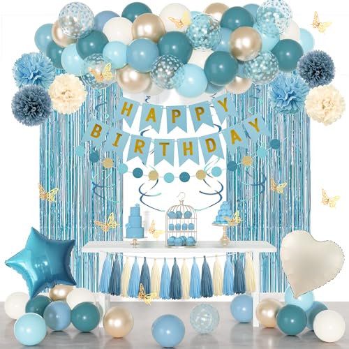 Blau Geburtstag Party Dekorationen, Staubiges Blau Sand Konfetti Gold Luftballons Happy Birthday Banner Fransenvorhänge Schmetterling Hängende Wirbel Kreis Punkte Quasten Pom Jungen Männer Mädchen von Ouddy Party