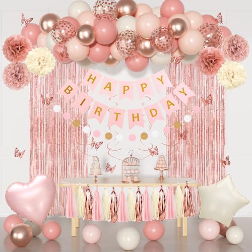 Rosa Geburtstag Party Dekorationen, Dusty Pink Sand Konfetti Rose Gold Luftballons Happy Birthday Banner Fransenvorhänge Schmetterling Hängende Wirbel Kreis Punkte Quasten Pom Frauen Mädchen 16. 21. von Ouddy Party