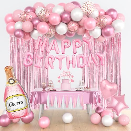 Rosa Geburtstagsparty-Dekorationen, Happy Birthday Banner Tischdecke Kuchen Topper Fransen Vorhang Quasten Rosa und Weiß Konfetti Folienballons für Mädchen Frauen Hochzeit Babyparty Party Supplies von Ouddy Party