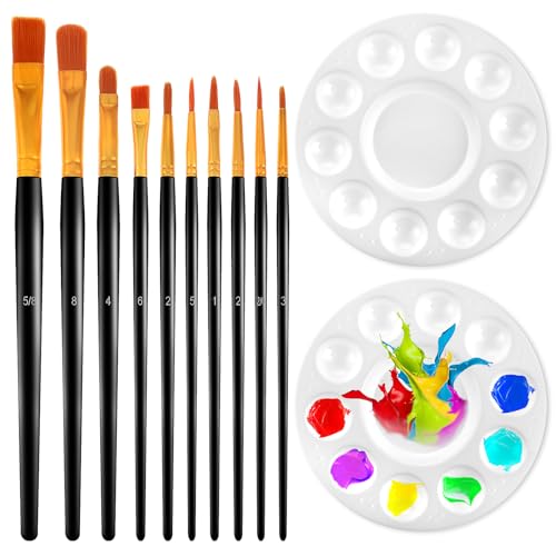 Ouligay 10 Stück Pinselset Acrylfarben 2 Stück Mischpaletten Acryl Pinsel Paint Brushes Set für DIY Kinder Aquarell,Körperbemalung,Ölgemälde Anfänger von Ouligay