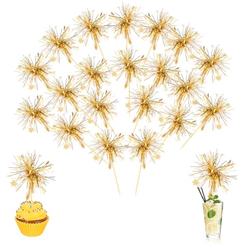 Ouligay 20 Stück Cupcake Deko, Cupcake Topper Tortendeko Gold Feuerwerk Cocktail Deko Glitzer Lametta Cocktailspieße Muffin Deko für Torte Hochzeit Party-Zubehör von Ouligay