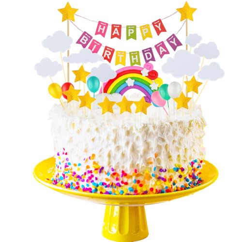 Ouligay 26 Stück Tortendeko Geburtstag, Cake Topper Geburtstag Regenbogen, Happy Birthday Tortendeko, Cake Topper Tortendekoration kuchendeko, Tortendeko Geburtstag Set Geburtstag, Macaron Kuchen Deko von Ouligay