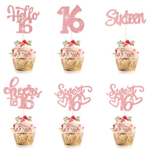 Ouligay 30 Stück Sweet 16 Tortendeko Glitzer Sweet Teenager 16 Cupcake Toppers Happy 16th Birthday Cake Topper 16. Geburtstag Cupcake Deko für Jungen Mädchen Sixteen Geburtstag Party Kuchen Dekoration von Ouligay