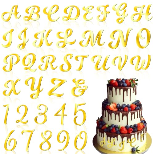 Ouligay 37 Stücke Torten Deko Gold Acryl,Spiegelbuchstaben Gold Deko,Buchstaben Tortendeko Zahlen 0-9 und A-Z Großbuchstaben Set Kuchen Deko für Geburtstag Hochzeit Jubiläum Party von Ouligay