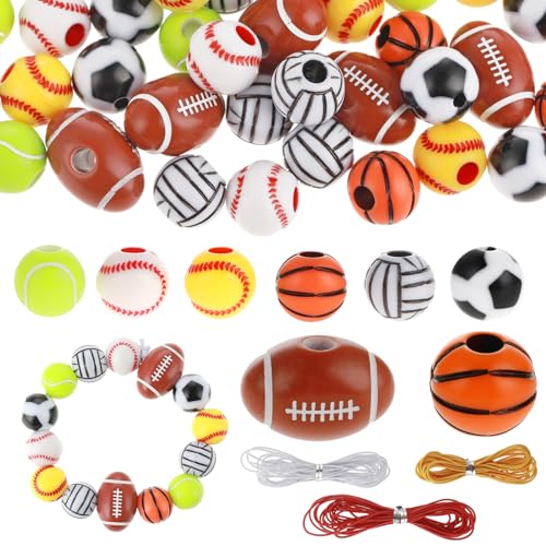 Ouligay 70 Stück Fußball Baseball Perlen Armbänder, Acryl Baseball Volleyball Perlen Armband für Kinder Jungen Männer, Sport Perlen für Schmuckherstellung DIY Handwerk Sport Party Dekor von Ouligay