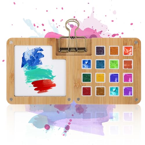 Ouligay Holz Skizzenbuch Palette 15 Raster Mini Wassermalkasten Aquarellkasten Leer Reise Tragbare Aquarell Palette Malen Holz Farbtablett Faltbar Deckel und Mischpalette für Acrylmalerei von Ouligay