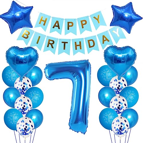 Kindergeburtstag Deko Jungen 7 Jahr ballon, 7. Geburtstag Dekorationen für Junge，Deko 7 Geburtstag ballon, 7 Geburtstag Deko Jungen Happy Birthday Banner Luftballons Blau Konfetti Helium Set … von Oumezon