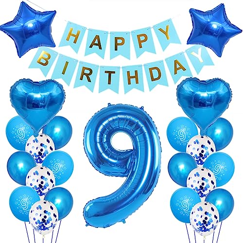 Kindergeburtstag Deko Jungen 9 Jahr ballon, 9. Geburtstag Dekorationen für Junge，Deko 9 Geburtstag ballon, 9 Geburtstag Deko Jungen Happy Birthday Banner Luftballons Blau Konfetti Helium Set … von Oumezon