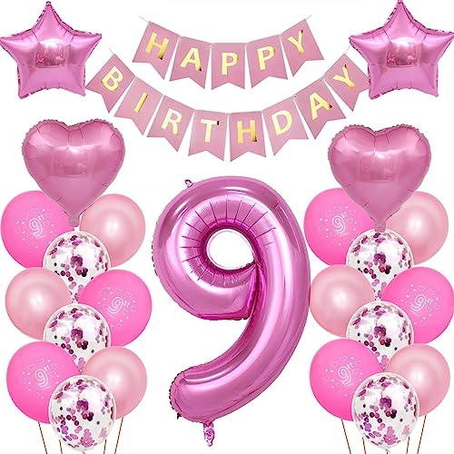 Kindergeburtstag Deko Mädchen 9 Jahr Ballons, 9. Geburtstag Dekorationen für Mädchen,Deko 9 Geburtstag Ballons,9 Geburtstag Deko Mädchen Happy Birthday Banner Luftballons Rosa Konfetti Helium Set von Oumezon