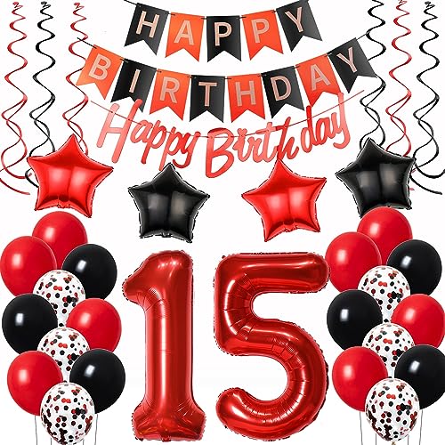 Luftballons 15. Geburtstag Deko Mädchen Rot Schwarz, Geburtstagsdeko 15 jahre Mädchen happy birthday 15 Mädchen dekoration Rot deko 15. Geburtstag Mädchen Schwarz ballons 15 Geburtstag Mädchen von Oumezon