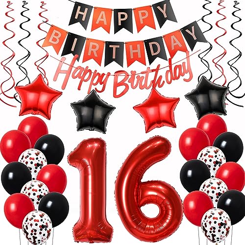 Luftballons 16. Geburtstag Deko Mädchen Rot Schwarz, Geburtstagsdeko 16 jahre Mädchen happy birthday 16 Mädchen dekoration Rot deko 16. Geburtstag Mädchen Schwarz ballons 16 Geburtstag Mädchen von Oumezon