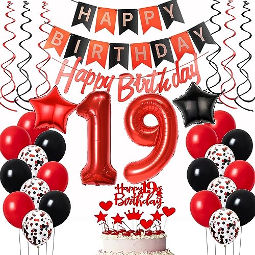 Luftballons 19. Geburtstag Mädchen Rot Schwarz Dekoration, ballon 19 Geburtstag deko Mädchen Rot Tortendeko 19 Jahre Mädchen Geburtstagsdeko 19 Geburtstag Mädchen Deko 19. Geburtstag Luftballon von Oumezon