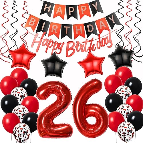 Luftballons 26. Geburtstag Deko Frauen Rot Schwarz, Geburtstagsdeko 26 jahre Frauen happy birthday 26 Frauen dekoration Rot deko 26. Geburtstag Frauen Schwarz ballons 26 Geburtstag Frauen von Oumezon