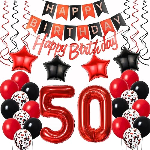 Luftballons 50. Geburtstag Deko Frauen Rot Schwarz, Geburtstagsdeko 50 jahre Frauen happy birthday 50 Frauen dekoration Rot deko 50. Geburtstag Frauen Schwarz ballons 50 Geburtstag Frauen von Oumezon