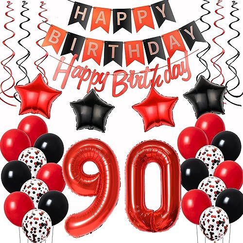 Luftballons 90. Geburtstag Deko Frauen Rot Schwarz, Geburtstagsdeko 90 jahre Frauen happy birthday 90 Frauen dekoration Rot deko 90. Geburtstag Frauen Schwarz ballons 90 Geburtstag Frauen von Oumezon