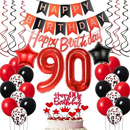 Luftballons 90. Geburtstag Frauen Rot Schwarz Dekoration, ballon 90 Geburtstag deko Frauen Rot Tortendeko 90 Jahre Frauen Geburtstagsdeko 90 Geburtstag Frau Deko 90. Geburtstag Luftballon von Oumezon