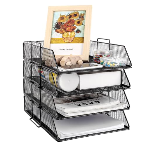 Oungy Briefablage A4 Stapelbare Schreibtisch Ablage Metall Schwarz Mit 4 Ebenen, BüRoablage Papierablage A4 Desktop Organizer für Büro, Schule, Studie von Oungy