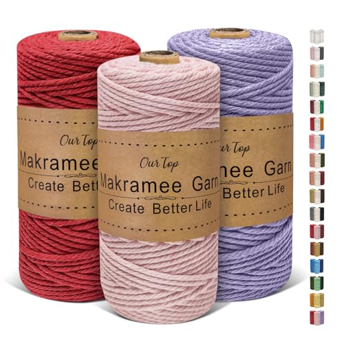 OurTop Premium Makramee Garn 3er Set, 3mm x 100m Macrame Cord Makramee Schnur Makramee Kordel, Garn für DIY Handwerk, Weben Dekoration, Hängepflanze Pflanze Aufhänger(Blush, Lila, Rot) von OurTop