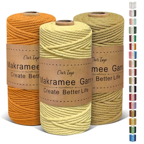 OurTop Premium Makramee Garn 3er Set, 3mm x 100m Macrame Cord Makramee Schnur Makramee Kordel, Garn für DIY Handwerk, Weben Dekoration, Hängepflanze Pflanze Aufhänger(Hellgelb, Gelb, Salbei) von OurTop