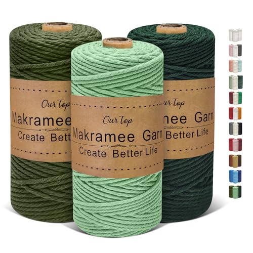 OurTop Premium Makramee Garn 3er Set, 3mm x 100m Macrame Cord Makramee Schnur Makramee Kordel, Garn für DIY Handwerk, Weben Dekoration, Hängepflanze Pflanze Aufhänger(Hellgrün, Dunkelgrün, Armeegrün) von OurTop