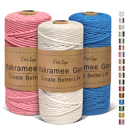 OurTop Premium Makramee Garn 3er Set, 3mm x 100m Macrame Cord Makramee Schnur Makramee Kordel, Garn für DIY Handwerk, Weben Dekoration, Hängepflanze Pflanze Aufhänger(Natur, Blau, Wassermelonenrot) von OurTop