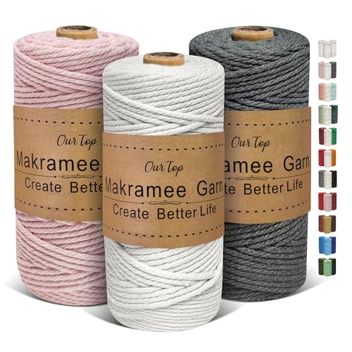 OurTop Premium Makramee Garn 3er Set, 3mm x 100m Macrame Cord Makramee Schnur Makramee Kordel, Garn für DIY Handwerk, Weben Dekoration, Hängepflanze Pflanze Aufhänger(Natur, Blush, Grau) von OurTop