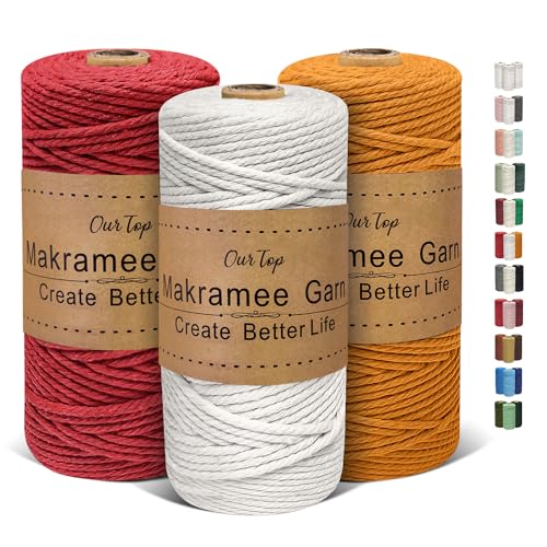 OurTop Premium Makramee Garn 3er Set, 3mm x 100m Macrame Cord Makramee Schnur Makramee Kordel, Garn für DIY Handwerk, Weben Dekoration, Hängepflanze Pflanze Aufhänger(Natur, Gelb, Rot) von OurTop