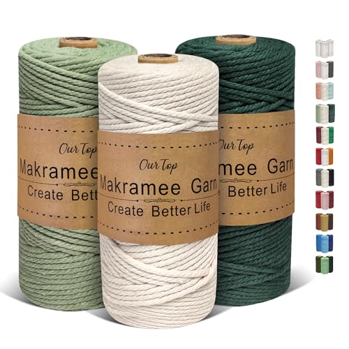 OurTop Premium Makramee Garn 3er Set, 3mm x 100m Macrame Cord Makramee Schnur Makramee Kordel, Garn für DIY Handwerk, Weben Dekoration, Hängepflanze Pflanze Aufhänger(Natur, Hellgrün, Dunkelgrün) von OurTop