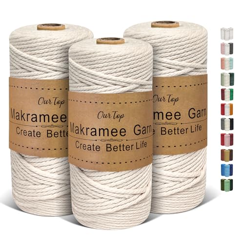 OurTop Premium Makramee Garn 3er Set, 3mm x 100m Macrame Cord Makramee Schnur Makramee Kordel, Garn für DIY Handwerk, Weben Dekoration, Hängepflanze Pflanze Aufhänger(Natur, Natur, Natur) von OurTop