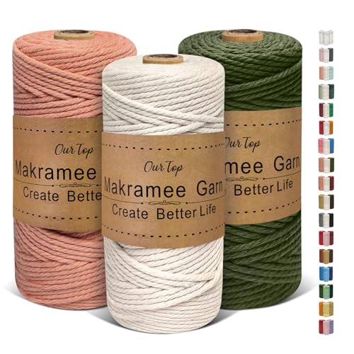 OurTop Premium Makramee Garn 3er Set, 3mm x 100m Macrame Cord Makramee Schnur Makramee Kordel, Garn für DIY Handwerk, Weben Dekoration, Hängepflanze Pflanze Aufhänger(Natur, Rosenholz, Armeegrün) von OurTop