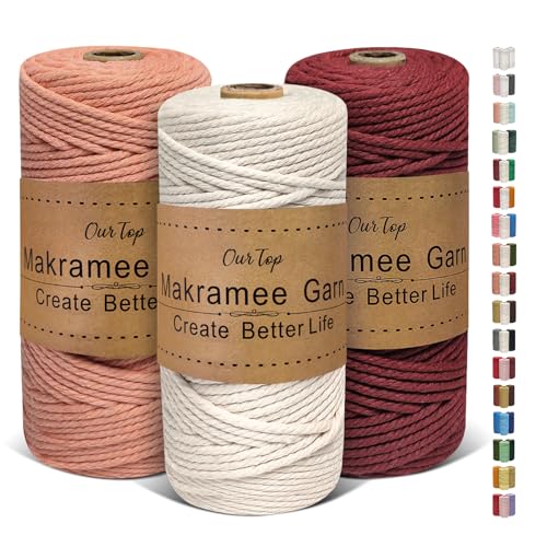 OurTop Premium Makramee Garn 3er Set, 3mm x 100m Macrame Cord Makramee Schnur Makramee Kordel, Garn für DIY Handwerk, Weben Dekoration, Hängepflanze Pflanze Aufhänger(Natur, Rosenholz, Burgunder) von OurTop