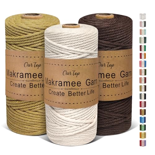 OurTop Premium Makramee Garn 3er Set, 3mm x 100m Macrame Cord Makramee Schnur Makramee Kordel, Garn für DIY Handwerk, Weben Dekoration, Hängepflanze Pflanze Aufhänger(Natur, Salbei, Braun) von OurTop