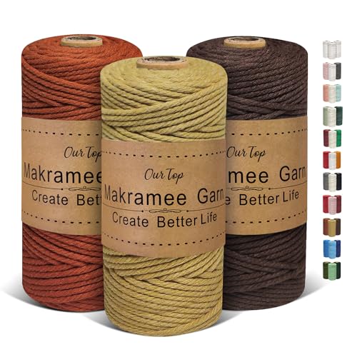 OurTop Premium Makramee Garn 3er Set, 3mm x 100m Macrame Cord Makramee Schnur Makramee Kordel, Garn für DIY Handwerk, Weben Dekoration, Hängepflanze Pflanze Aufhänger(Salbei, Ziegelrot, Braun) von OurTop