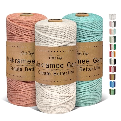 OurTop Premium Makramee Garn 3er Set, 3mm x 100m Macrame Cord Makramee Schnur Makramee Kordel, Garn für DIY Handwerk, Weben Dekoration, Hängepflanze Pflanze Aufhänger(Natur, Wasserblau, Rosenholz) von OurTop