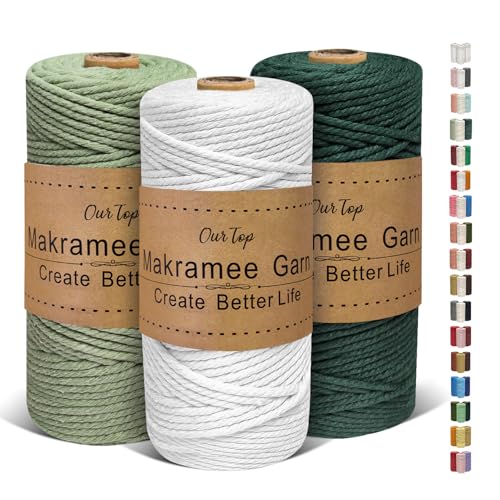 OurTop Premium Makramee Garn 3er Set, 3mm x 100m Macrame Cord Makramee Schnur Makramee Kordel, Garn für DIY Handwerk, Weben Dekoration, Hängepflanze Pflanze Aufhänger(Weiß, Hellgrün, Dunkelgrün) von OurTop