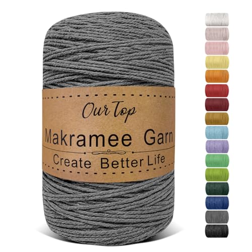 OurTop Premium Makramee Garn Grau, 2mm x 500m Macrame Cord Makramee Schnur Makramee Kordel, Garn für DIY Handwerk, Weben Dekoration, Hängepflanze Pflanze Aufhänger von OurTop