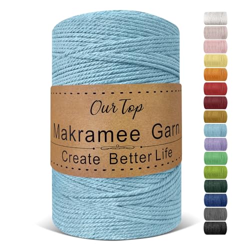 OurTop Premium Makramee Garn Hellblau, 3mm x 300m Macrame Cord Makramee Schnur Makramee Kordel, Garn für DIY Handwerk, Weben Dekoration, Hängepflanze Pflanze Aufhänger von OurTop