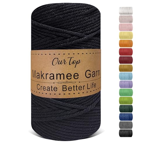 OurTop Premium Makramee Garn Schwarz, 4mm x 160m Macrame Cord Makramee Schnur Makramee Kordel, Garn für DIY Handwerk, Weben Dekoration, Hängepflanze Pflanze Aufhänger von OurTop