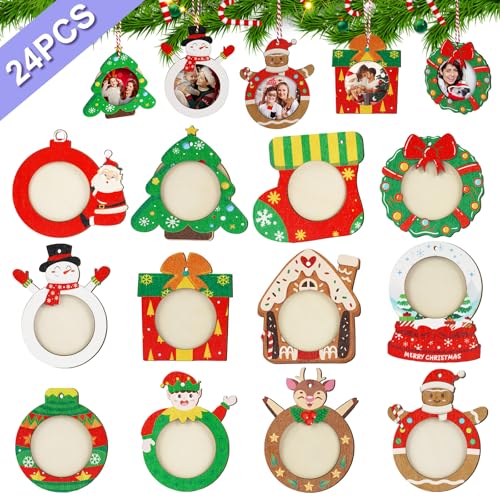 OurWarm 24 Stück Weihnachts-Bilderrahmen, Ornamente, Großpackung, DIY, hängende Holz-Foto-Ornamente für Weihnachtsbaum, Farbdruck, personalisierte Holz-Weihnachtsschmuck für Weihnachten, Zuhause, von OurWarm