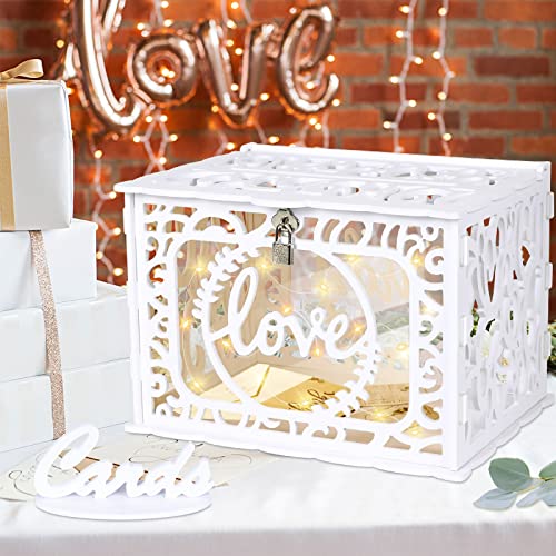 OurWarm DIY weiße Hochzeitskartenbox mit Schloss und Lichterkette, PVC hohle Kartenbox Abschluss-Kartenbox perfekt für Hochzeitsempfang, Jahrestag, Babypartys, Geburtstage, Braut- oder Babypartys von OurWarm