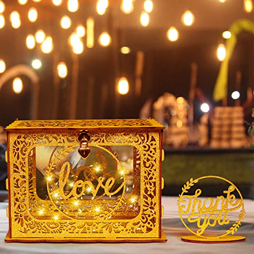 OurWarm Gold Kartenbox für Hochzeit, Glitzer Holz Hochzeitskartenbox mit Herzschloss und Lichterkette, Geschenkkartenbox Spardose für Hochzeitsempfang Geburtstagsfeier Jubiläum Abschlussdekorationen von OurWarm