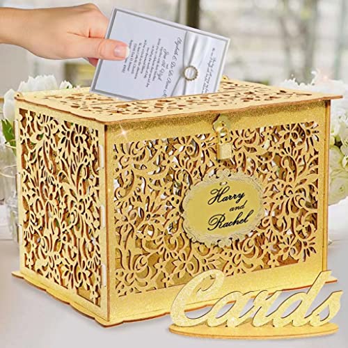 OurWarm Goldene Hochzeitskartenbox für Hochzeitsempfang, glitzernde Holzkartenboxen mit Schloss, Geschenkkartenbox Geldhalter für Empfang Jahrestag Dusche rustikale Hochzeitsdekorationen Geburtstag von OurWarm