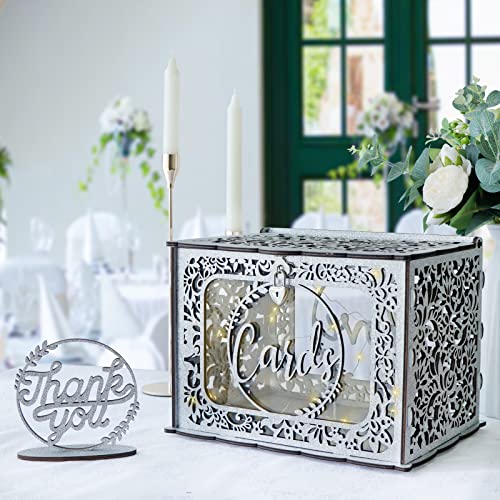 OurWarm Silberne Hochzeitskartenbox mit Schloss, Holz-Geschenkkarten-Box für Hochzeitsempfang mit klarem Fenster und Licht, Hochzeitsumschlag Geldkartenbox für Party, Babyparty, Dekorationen von OurWarm