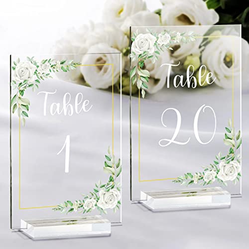 OurWarm Weiße Rose Acryl Hochzeit Tischnummern 1-20, 10.2x15.2 cm bedruckte Kalligraphie-Tischkarten mit Ständer, transparente Tischnummernschilder und Halterungen, Jahrestag, Event von OurWarm