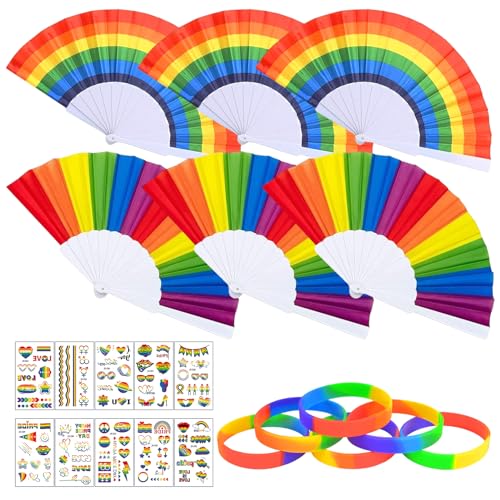 Ourdort 22 Stück Regenbogen Fächer set,mit 6 Regenbogen Fächer,6 Regenbogenfarbene Gummibänder,10 Regenbogen Tattoos,für Sommer,Rainbow Dekoration,Pride Month Party Dekoration,Hochzeit Handfächer von Ourdort