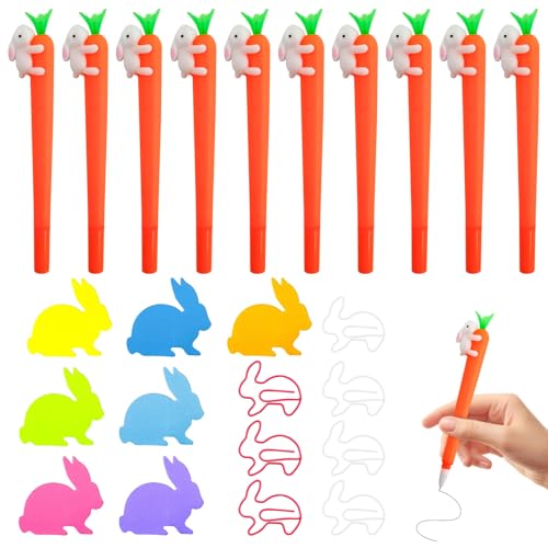 Ourdort Stifte Kinder Büro Zubehör-10 Gelschreiber Karotte Stift Hase Fidget Pen,Kugelschreiber Schwarz Tintenstift+7 Haftnotizen mit Tiermotiven mit 7 Büroklammern, Osterthemen Geschenk für Kinder von Ourdort